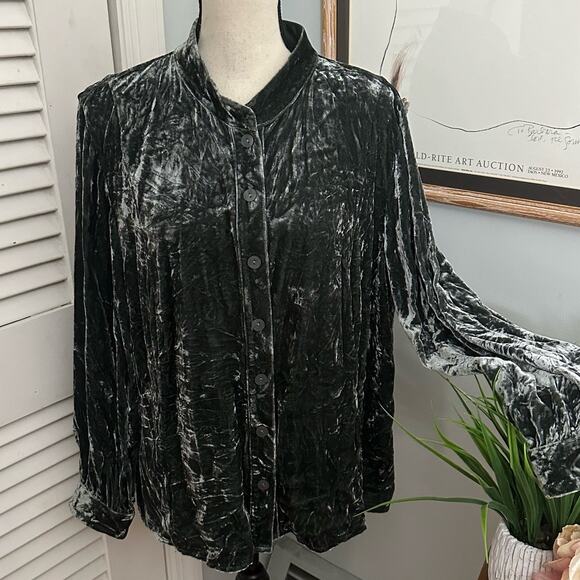 J JILL Womens Top XLP Green Crushed Velvet Button Down Tunic Gothic Bohemian - Picture 1 of 12
